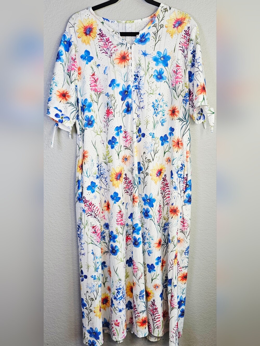 White Floral Midi Dress Women's 2X Cottagecore Boho Tie Sleeve Stretch Unbranded